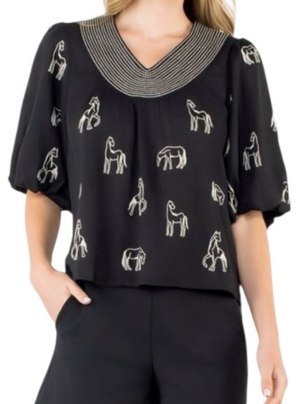 THML Black Puff Sleeve Blouse Cream Horse Embroidery Linen Blend Small